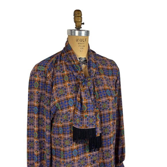 Vintage 80s Southwestern Top Womens M Blue Brown Fringe Necktie Blouse - Picture 5 of 10